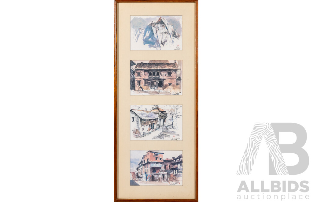 Artist Unknown, (20th Century, Nepalese, Working c1970s), Four Views of Nepal, Nice Quality Reproduction Miniature Prints of Original Watercolours, 55.5 x 23.5 cm (frame)