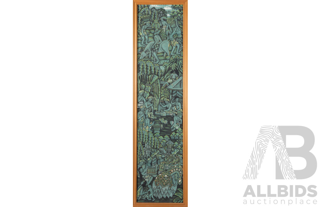 Artist Unknown (20th Century, Balinese School), Verdant Village Life & Mythological Village Scene, Lovely Pair of Vintage Coloured Ink on Cloth, 64 x 44 cm & 91 x 25 cm (frames) (2)