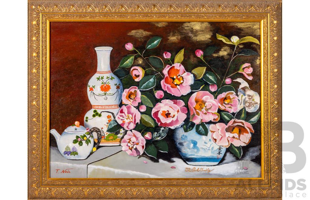 T. Noda, (20th Century, Japanese), Ocha to Hana [Tea & Flowers], Beautiful Original Oil on Canvas, 56 x 71 cm (frame)