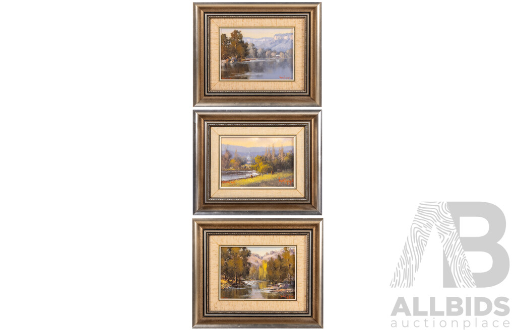 Werner Filipich, (20th Century, Austrian-Born Australian), Hawkesbury River, Cox's River & MacDonald River, Wonderful Trio of Original Vintage Oil on Canvases, 24.5 x 29 cm (slightly largest frame) (3)