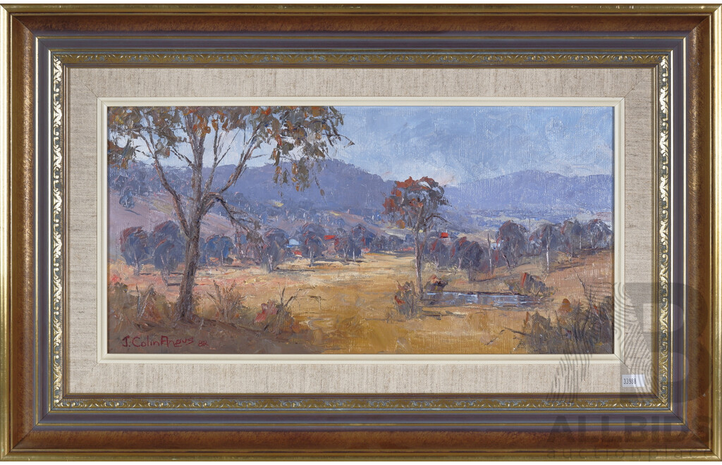 J Colin Angus (20th Century, Australian, 1907-2002) Glenrowan Pastoral (1982), Original Oil on Board, 44 x 69 cm (frame)