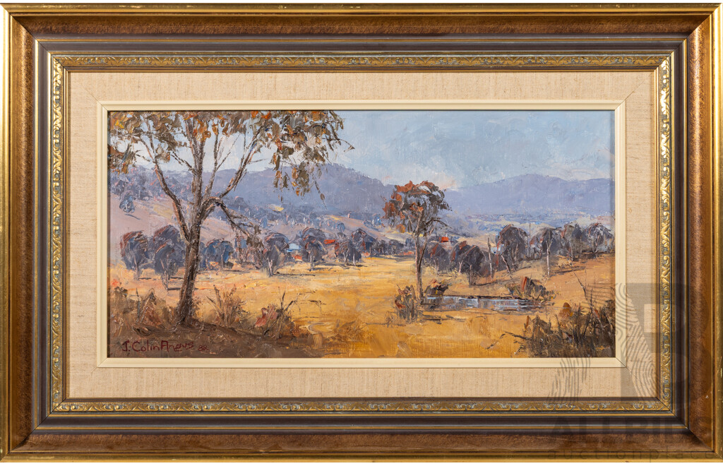 J Colin Angus (20th Century, Australian, 1907-2002) Glenrowan Pastoral (1982), Original Oil on Board, 44 x 69 cm (frame)