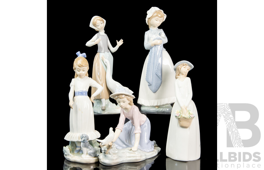 Collection of Five Ceramic Figures by Lladro, NAO by Lladro and Princess House