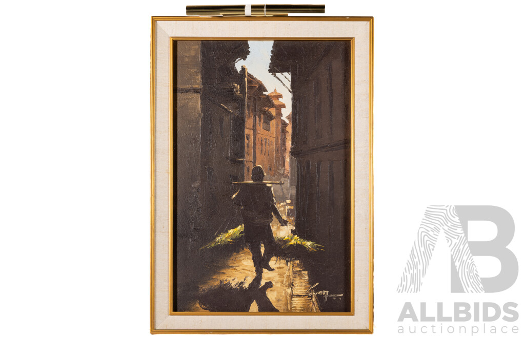 Gyan, (20th Century, Nepalese), Heading Home From Market, Wonderful Original Vintage Oil on Canvas Cloth, 87 x 61 cm (frame)