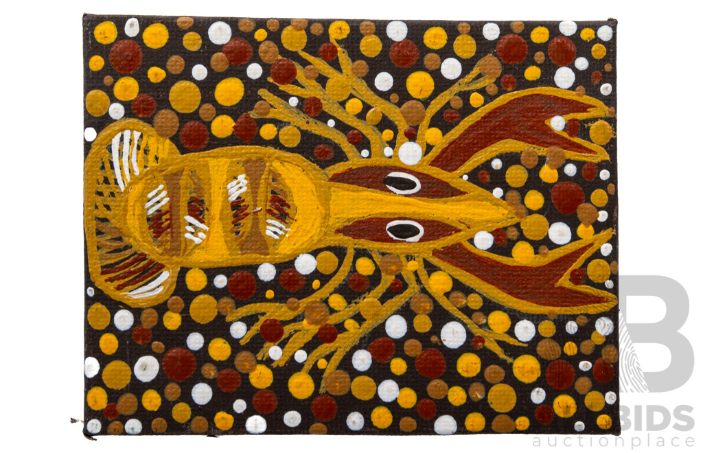 Lot of Seven Miniature Indigenous-Australian Original Works, Dreamtime Animals, Acrylic on Canvas, 13 x 18 cm and 8 x 10 cm (7)