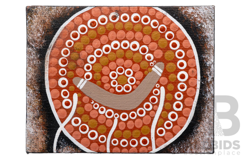 Lot of Seven Miniature Indigenous-Australian Original Works, Dreamtime Animals, Acrylic on Canvas, 13 x 18 cm and 8 x 10 cm (7)