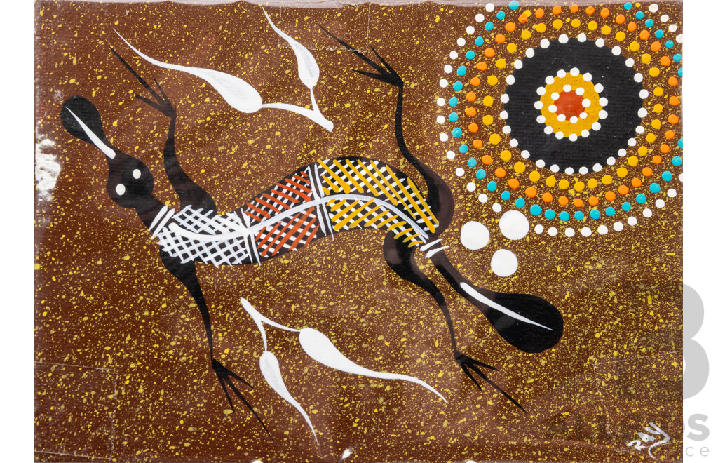 Lot of Seven Miniature Indigenous-Australian Original Works, Dreamtime Animals, Acrylic on Canvas, 13 x 18 cm and 8 x 10 cm (7)