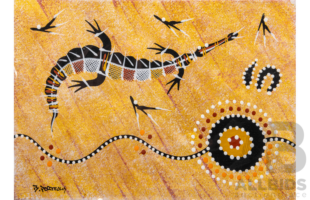 Lot of Seven Miniature Indigenous-Australian Original Works, Dreamtime Animals, Acrylic on Canvas, 13 x 18 cm and 8 x 10 cm (7)