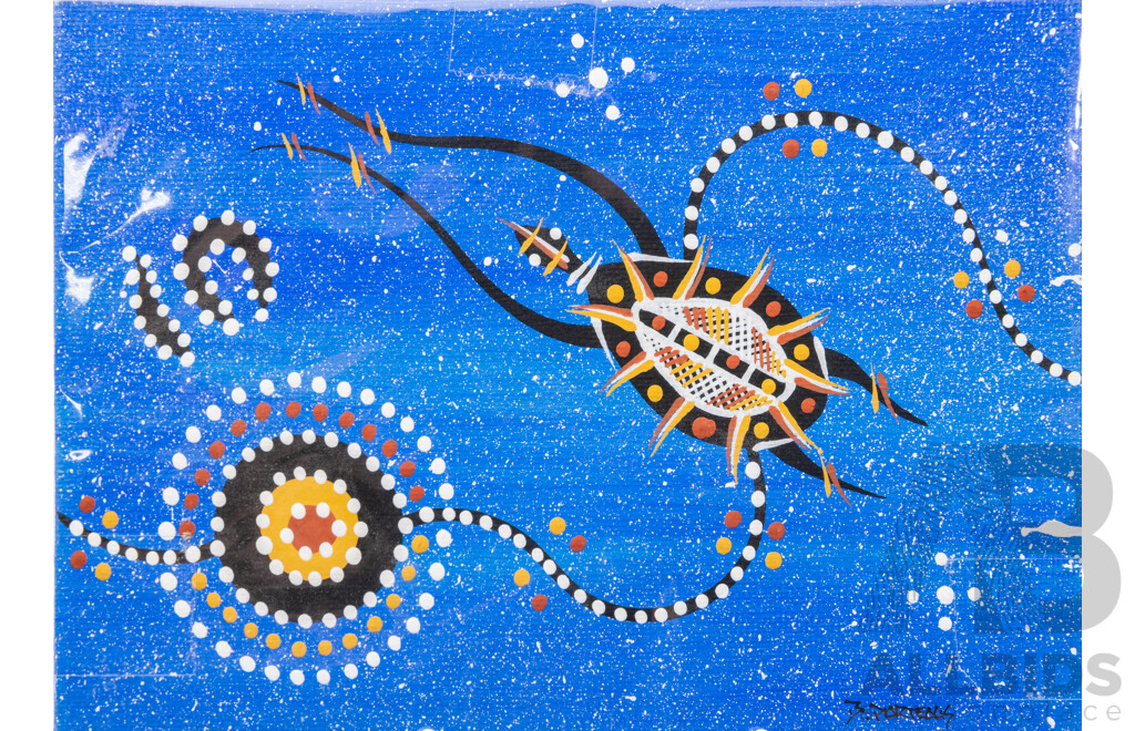 Lot of Seven Miniature Indigenous-Australian Original Works, Dreamtime Animals, Acrylic on Canvas, 13 x 18 cm and 8 x 10 cm (7)