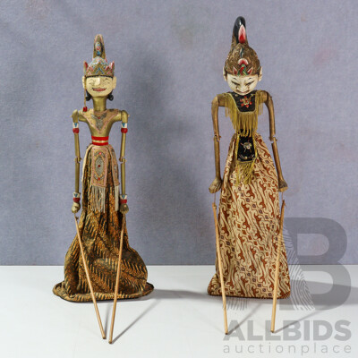 Artists Unknown (20th Century, Indonesian), Wayang Golek Puppets I & II, Pair of Wonderful Vintage Handcrafted Carved Wooden Puppets with Cloth Clothing & Beaded Decorations; 58 Cm (Length Approx) (2)