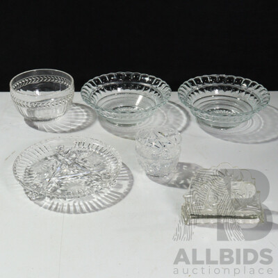 Collection of Crystal Ware - Three Medium Bowls, Two Smaller Bowls, One Cake Serving Tray and Serviette Holder (7)