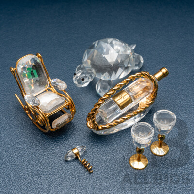 Swarovski Crystal Turtle and Other Swarovski Miniatures Including Wine Set