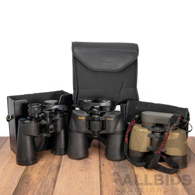 Trio of Binoculars Featuring Kowa 2231 in Fabric Case, Nikon Aculon A211 in Fabric Case & Vintage Bushnell Sportview Wide Angle Insta Focus in Plastic Case, (3)