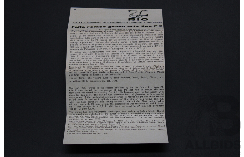 Rio Alfa Romeo Grand Prix Tipo P3 Model Car