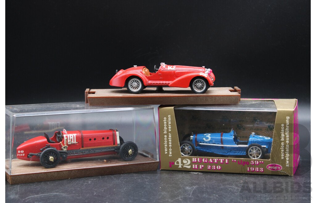 Three Brumm 1:43 Model Cars Fiat MEFISTOFELE 1924 , Bugatti Hp230, 1938 Alfa Romeo