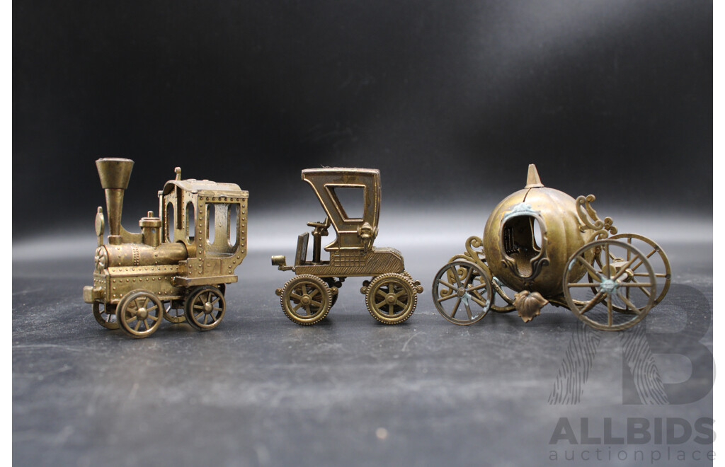 Collectible Steam Locomotive & Vintage Car & Pumpkin Carriage Brass Miniatures - Lot of 3