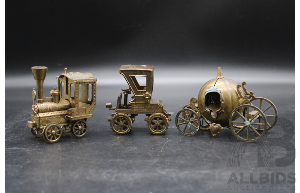 Collectible Steam Locomotive & Vintage Car & Pumpkin Carriage Brass Miniatures - Lot of 3