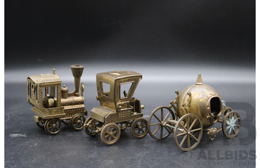 Collectible Steam Locomotive & Vintage Car & Pumpkin Carriage Brass Miniatures - Lot of 3