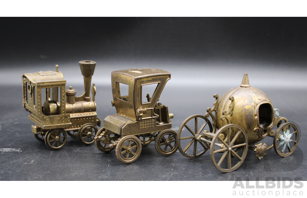 Collectible Steam Locomotive & Vintage Car & Pumpkin Carriage Brass Miniatures - Lot of 3