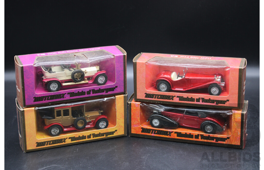 Four Vintage Matchbox Models of Yesteryear 1906 Rolls-Royce Silver Ghost, 1938 Hispano Suiza, 1934 Riley MPH, 1912 Rolls Royce