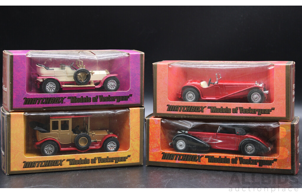 Four Vintage Matchbox Models of Yesteryear 1906 Rolls-Royce Silver Ghost, 1938 Hispano Suiza, 1934 Riley MPH, 1912 Rolls Royce