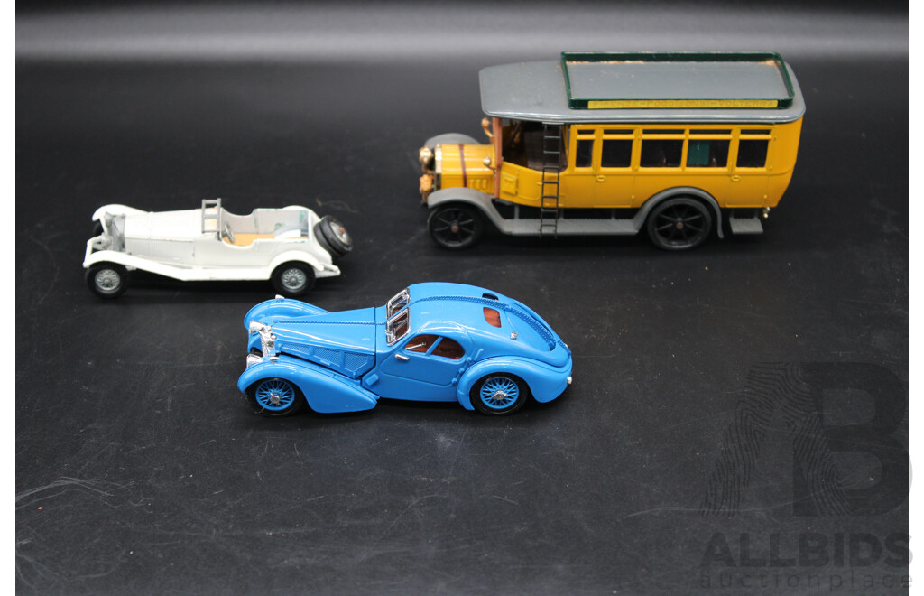 Three Collection of Model Cars - RIO Blue Bugatti 1938 1:43 & Fiat Omnbus 18 1:43 &  Models of Yesteryear 1928 Mercedes Benz 1:52