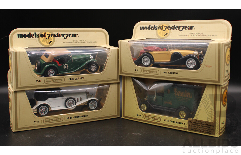 Four Vintage Matchbox Models of Yesteryear 1945 MG-TC, 1938 Lagonda, 1928 Mercedes SS, 1912 Ford Model T