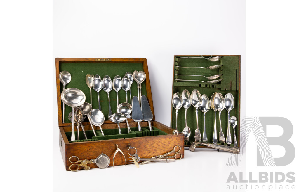 Antique Oak Flatware Canteen with Lock & Key & with Selection Silver Plate Serving Ware Including Bone Holder, Grape Scissors, Lemon Squeezer and More