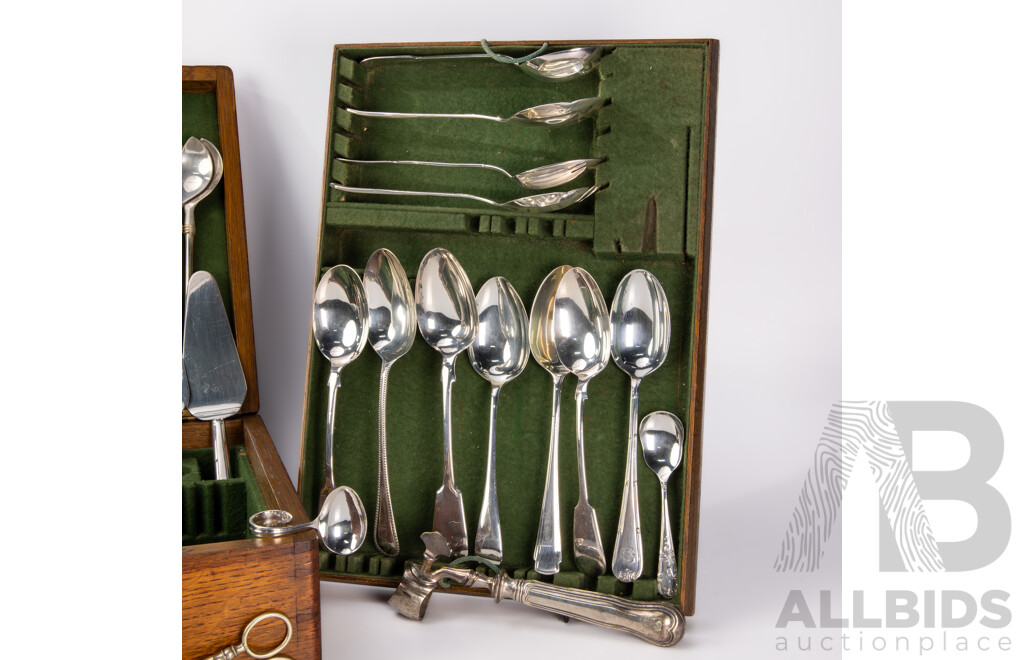 Antique Oak Flatware Canteen with Lock & Key & with Selection Silver Plate Serving Ware Including Bone Holder, Grape Scissors, Lemon Squeezer and More