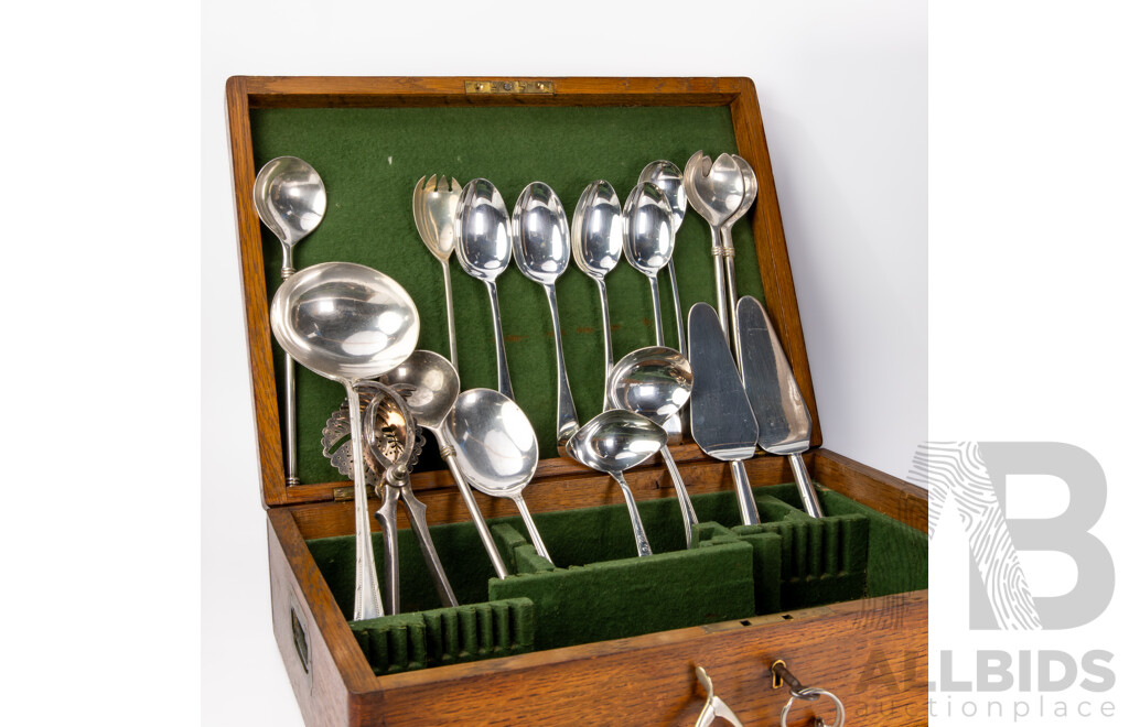 Antique Oak Flatware Canteen with Lock & Key & with Selection Silver Plate Serving Ware Including Bone Holder, Grape Scissors, Lemon Squeezer and More