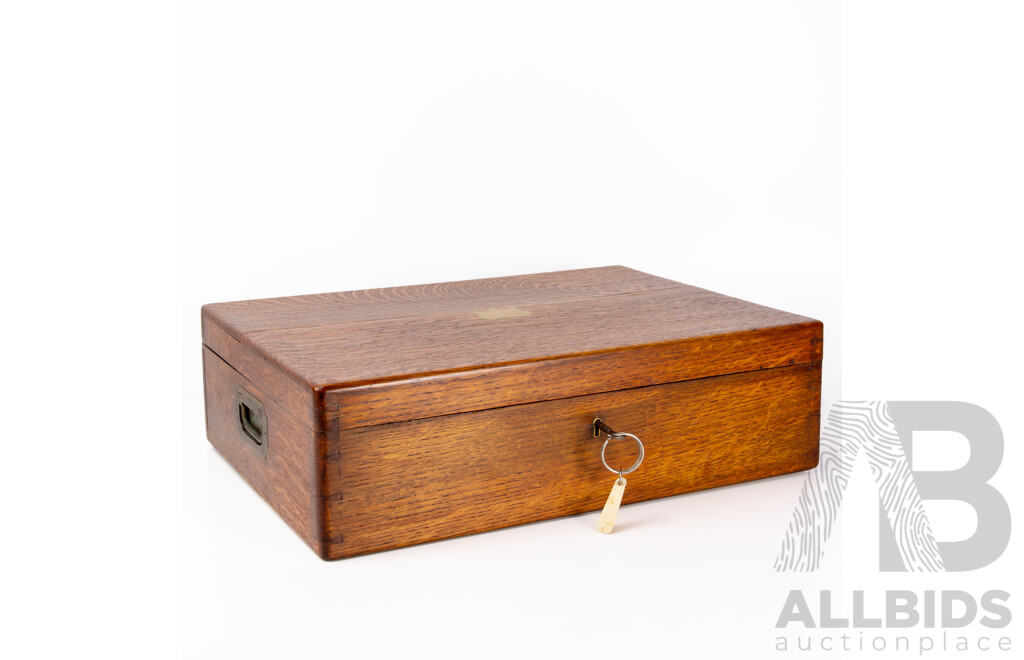 Antique Oak Flatware Canteen with Lock & Key & with Selection Silver Plate Serving Ware Including Bone Holder, Grape Scissors, Lemon Squeezer and More