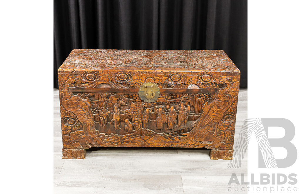 Heavily Carved Chinese Camphorwood Trunk