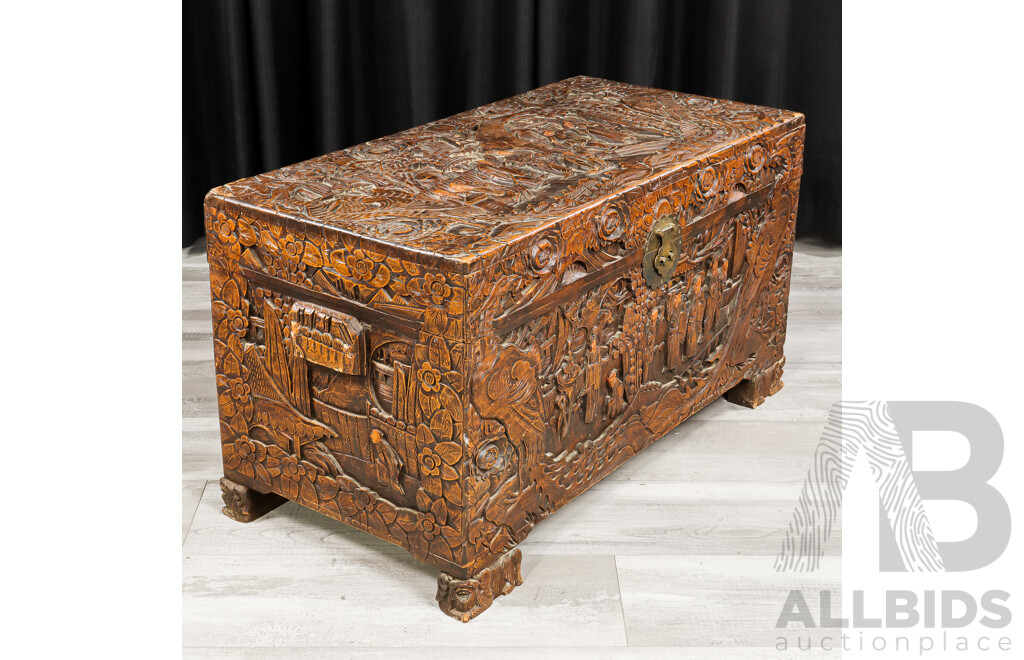Heavily Carved Chinese Camphorwood Trunk