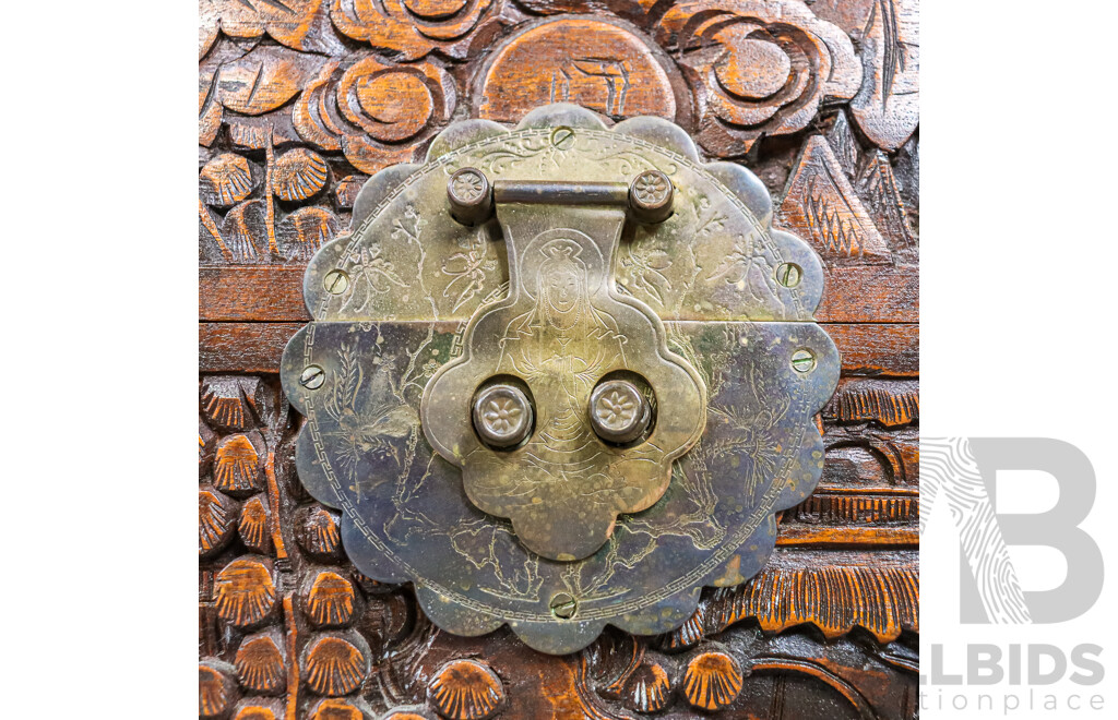 Heavily Carved Chinese Camphorwood Trunk