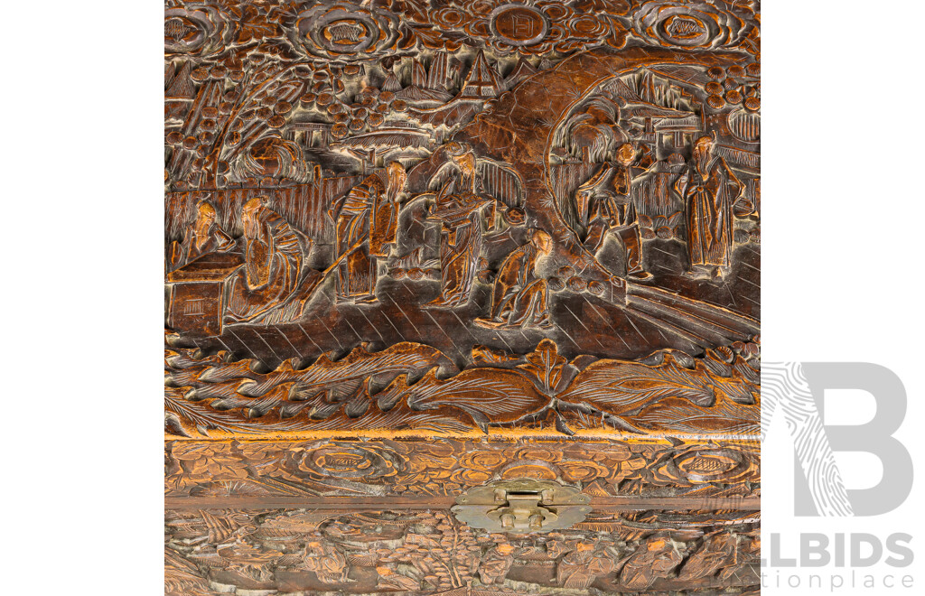 Heavily Carved Chinese Camphorwood Trunk