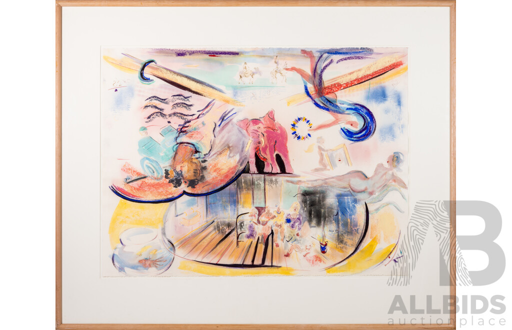 Rodney Pople (20th Century, Australian, 1952-) (RP 6), Drawing with Don Quixote (1989), Original Pastel, Watercolour & Spray Enamel, 83 x 101 cm (frame)