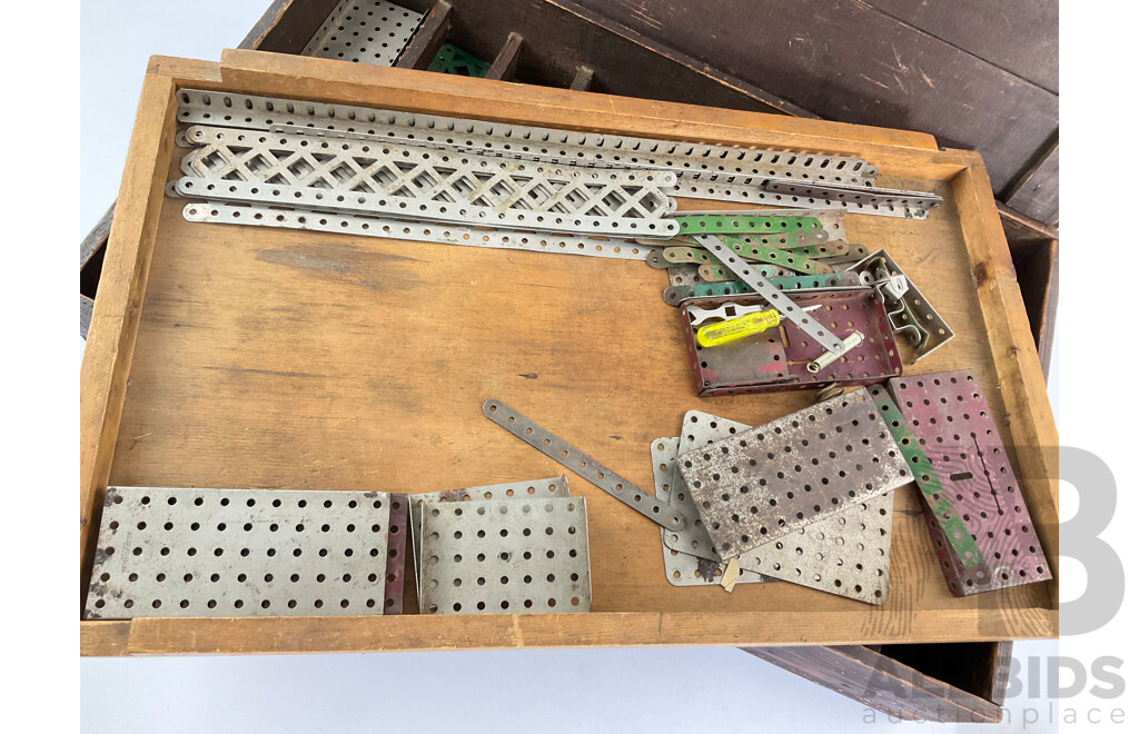 Vintage Meccano Set in Timber Box with Clockwork Motor, Instruction Manuals and More