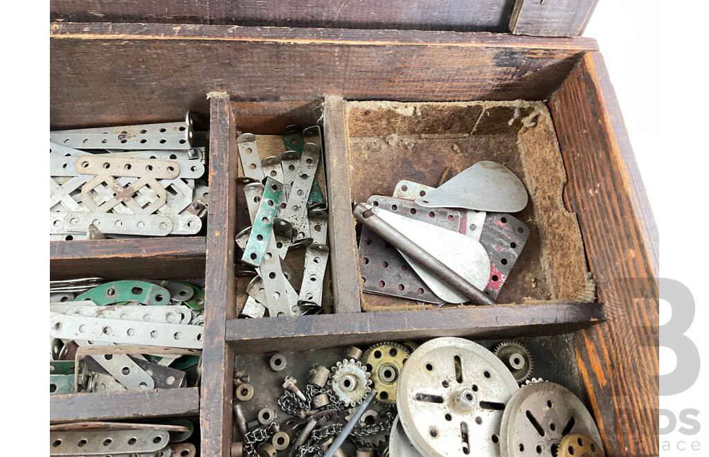 Vintage Meccano Set in Timber Box with Clockwork Motor, Instruction Manuals and More