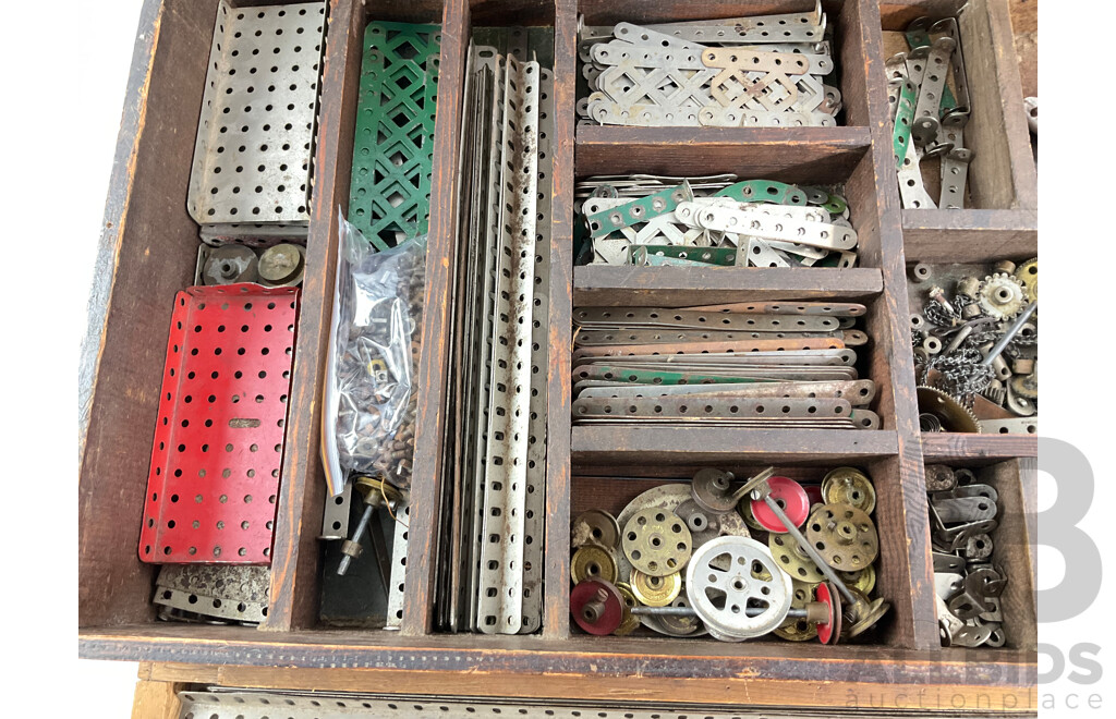 Vintage Meccano Set in Timber Box with Clockwork Motor, Instruction Manuals and More