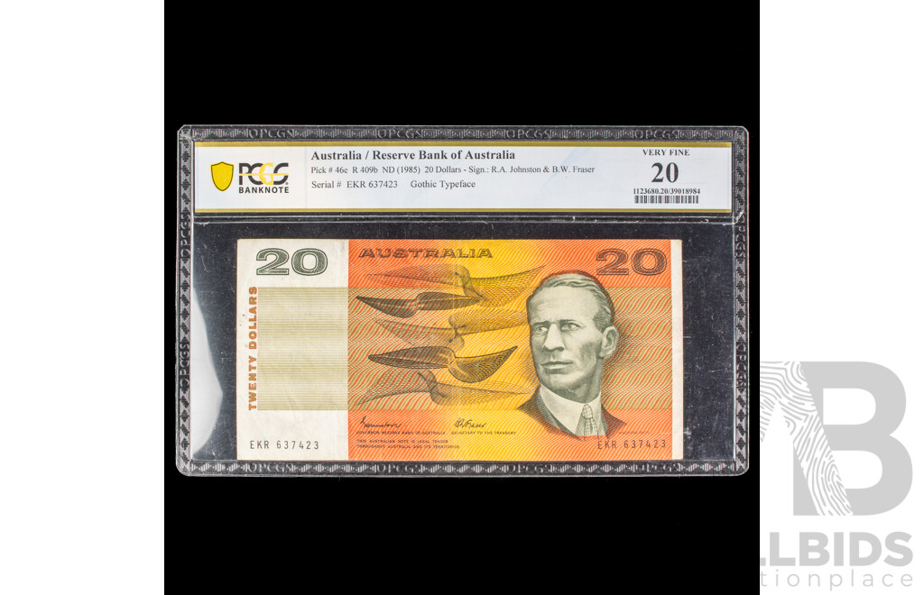Australian 1985 $20 Note, Johnston Fraser PCGS Graded VF.