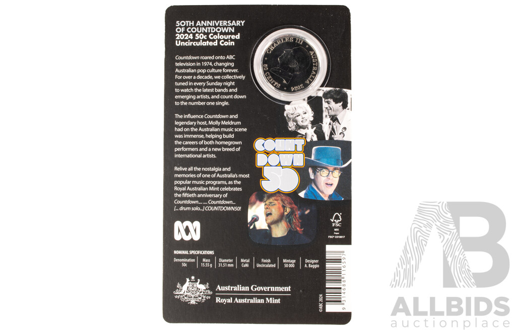 Australian 2024 UNC 50c Coloured Coin. ABC Count Down.