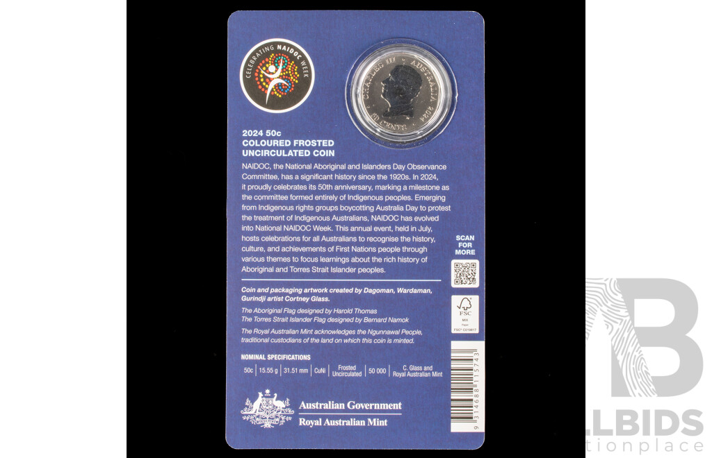 Australian 2024 UNC Coloured 50c Coin. 50 Years of NAIDOC Committee