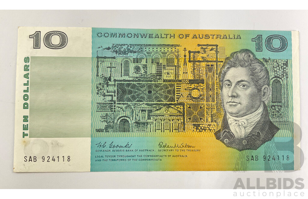 Australian 1966 Coombs Wilson $10 Note R301 SAB 924118.