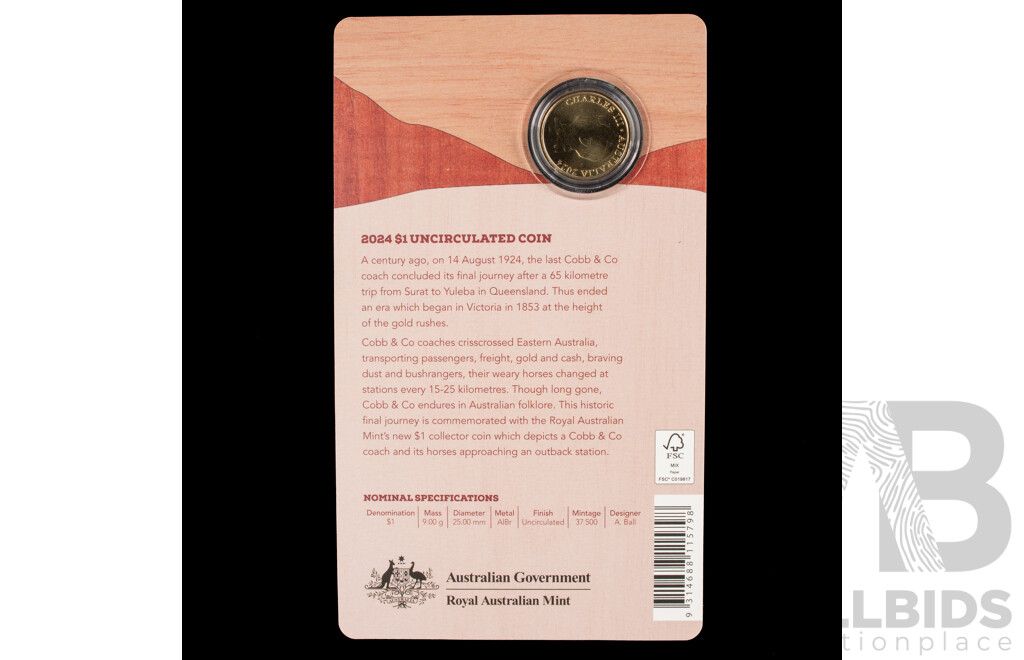 Australian 2024 $1 Uncirculated Coin. Cobb and Co.