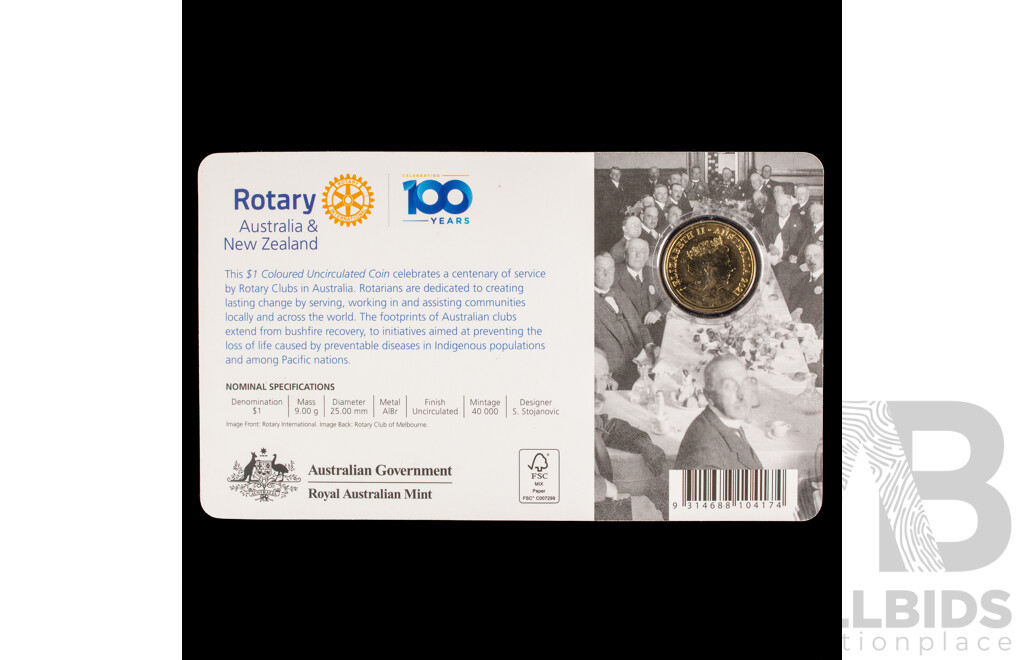 Australian 2021 $1 Coloured Uncirculated Coin. Centenary of Rotary in Australia.