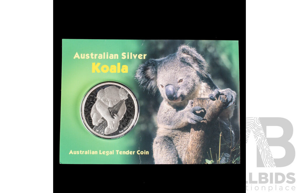 Australian 2007 Perth Mint Koala Carded Fine Silver Coin. One Troy Ounce