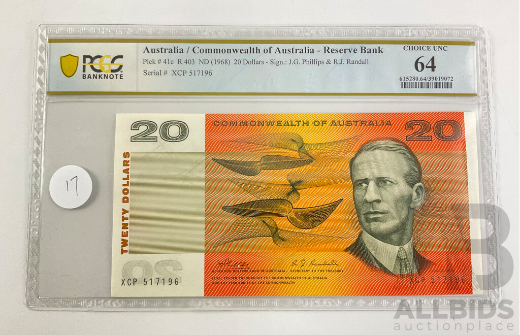 Australian 1968 R403 $20 Note, Phillips Randall XCP 517196 Choice UNC.