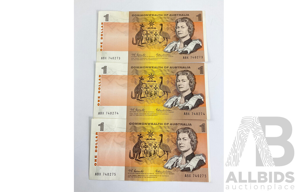 Australian 1966 R71 $1 Notes Coombs Wilson, Run of 3, ABX740273/4/5.