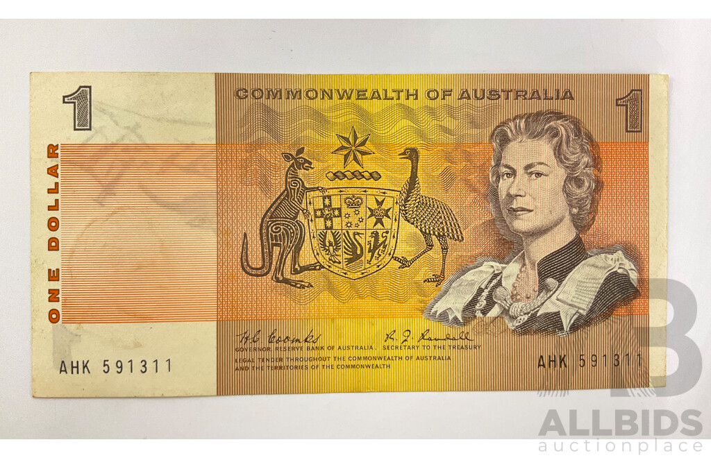 Australian 1968 R72 $1 Note, Coombs Randall AHK 591311.