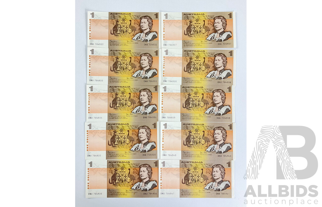 Australian 1982 R78 $1 Run of 10 Notes, Johnston Stone, DNU 704932/41